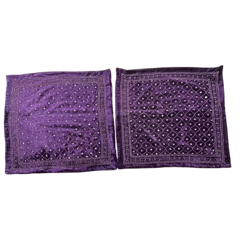 BORGATA 2 Velvet  Pillow Casses Purple Mirror Beaded 18 1/4 X 17